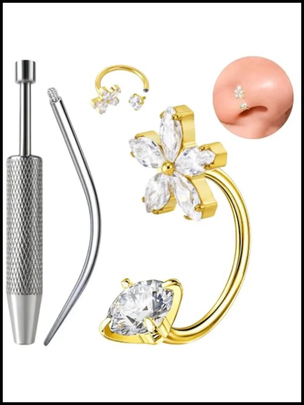 G23 Titanium Flower Horseshoe Nose Ring 16G 18G 20G 8mm with CZ Charm